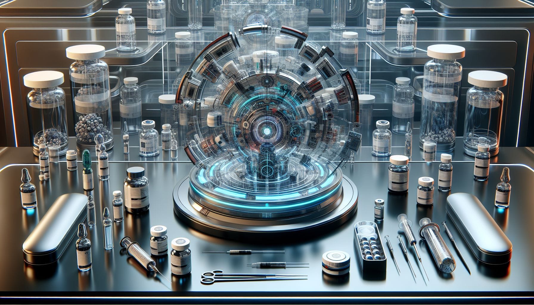 Image showing a variety of performance enhancement drugs and supplements, with pills, syringes, and protein powders arranged on a table